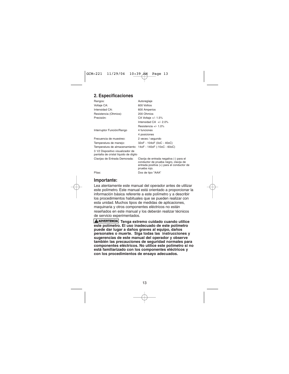Especificaciones, Importante | Gardner Bender GCM-221 Auto Clamp-On Multimeter User Manual | Page 12 / 26