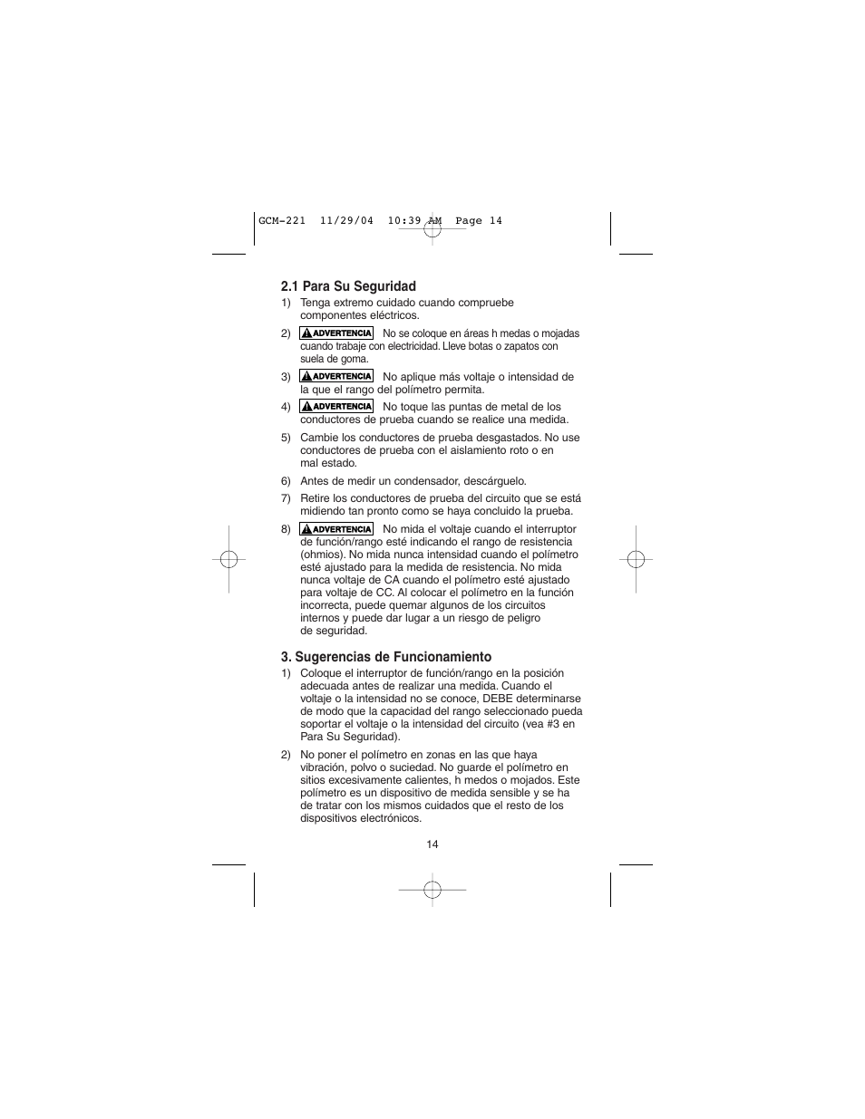 1 para su seguridad, Sugerencias de funcionamiento | Gardner Bender GCM-221 Auto Clamp-On Multimeter User Manual | Page 13 / 26