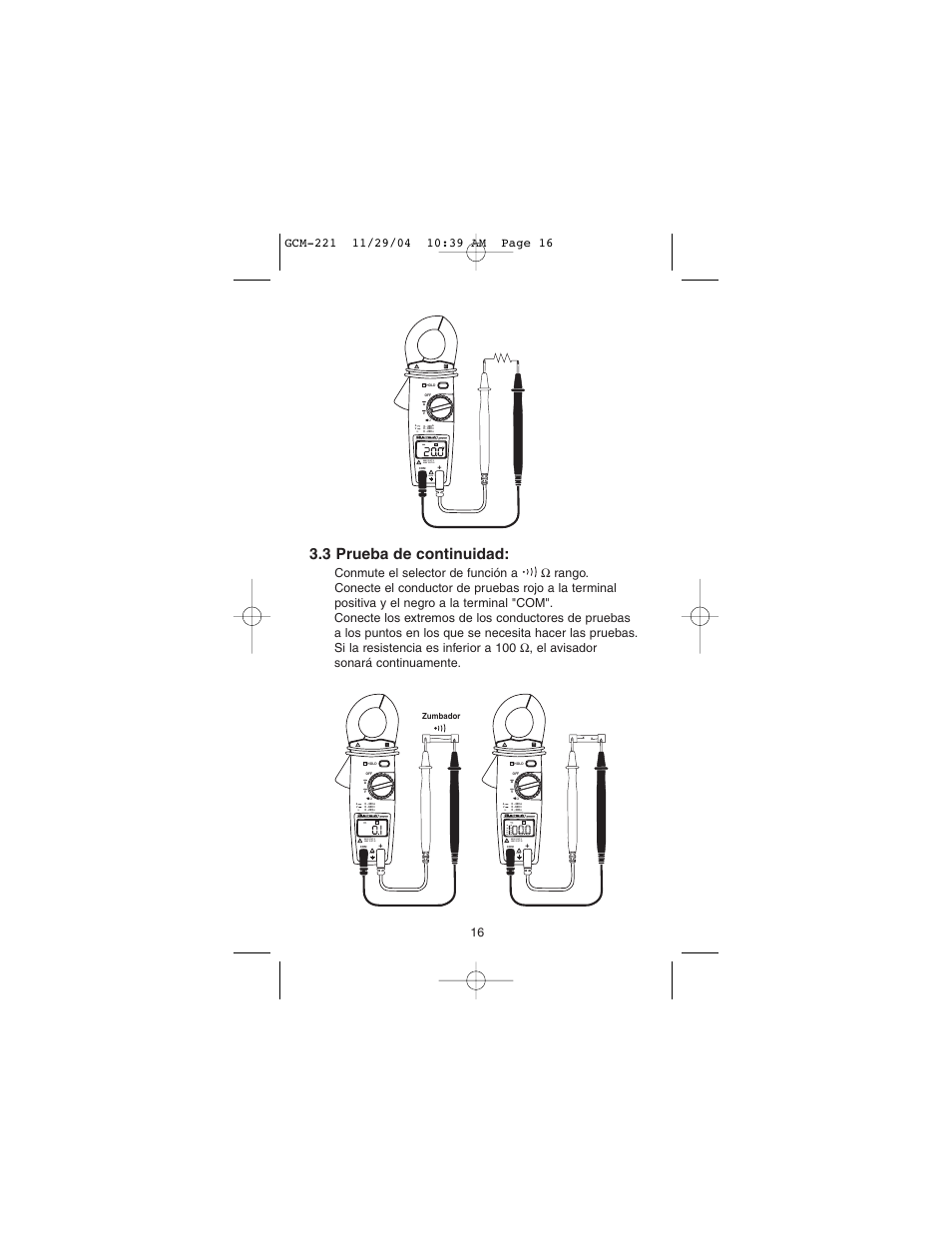 3 prueba de continuidad | Gardner Bender GCM-221 Auto Clamp-On Multimeter User Manual | Page 15 / 26