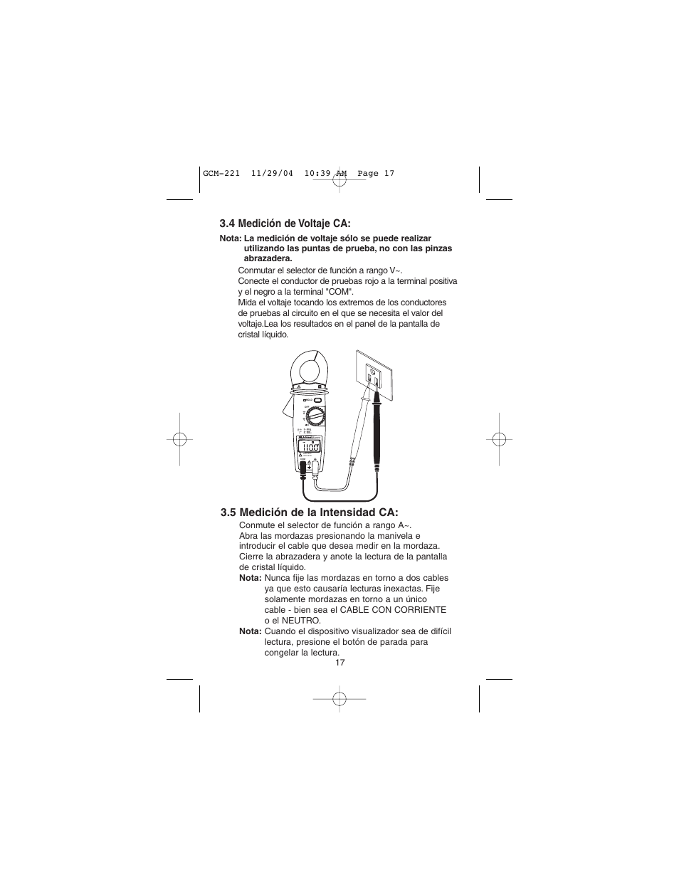 4 medición de voltaje ca, 5 medición de la intensidad ca | Gardner Bender GCM-221 Auto Clamp-On Multimeter User Manual | Page 16 / 26