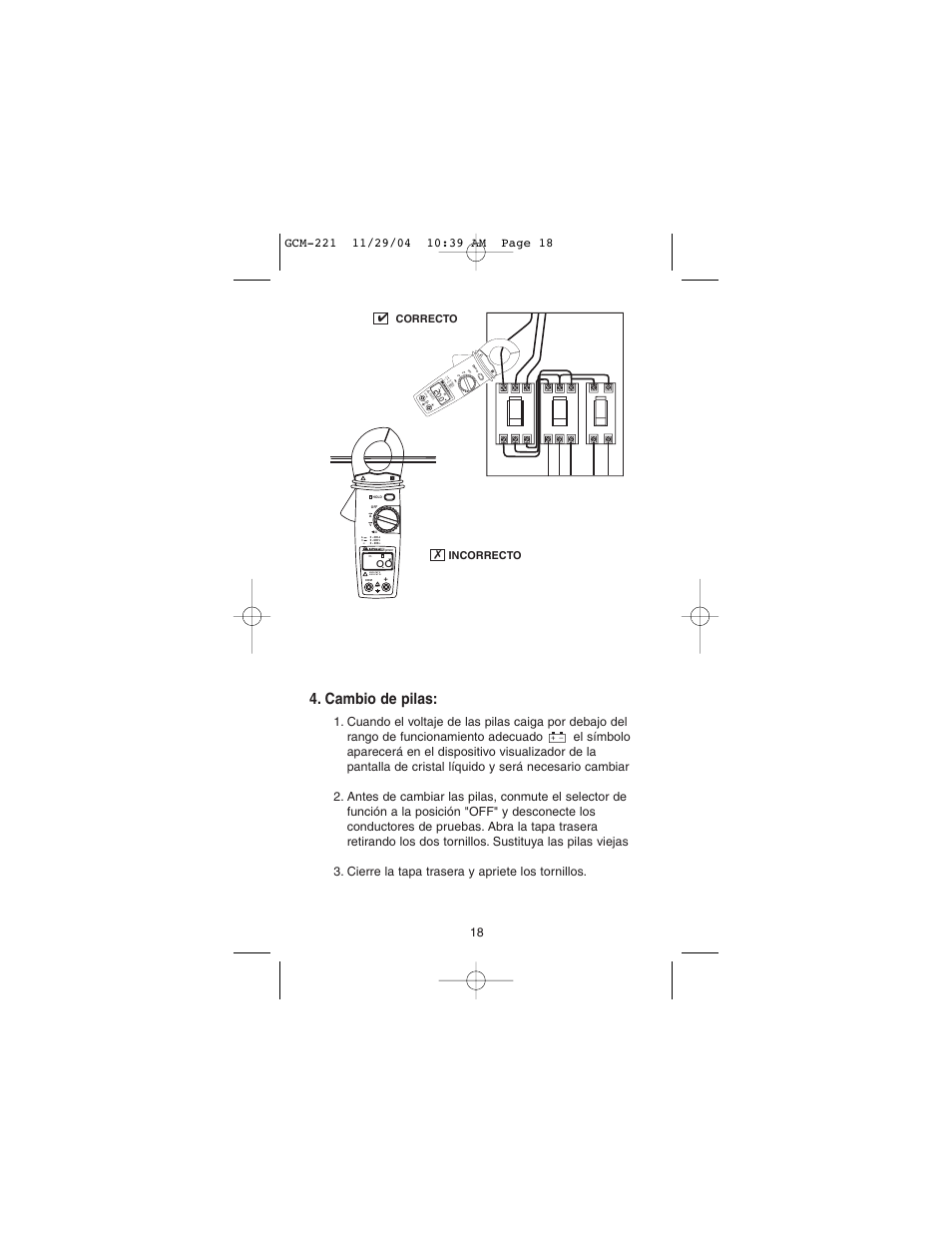 Cambio de pilas | Gardner Bender GCM-221 Auto Clamp-On Multimeter User Manual | Page 17 / 26