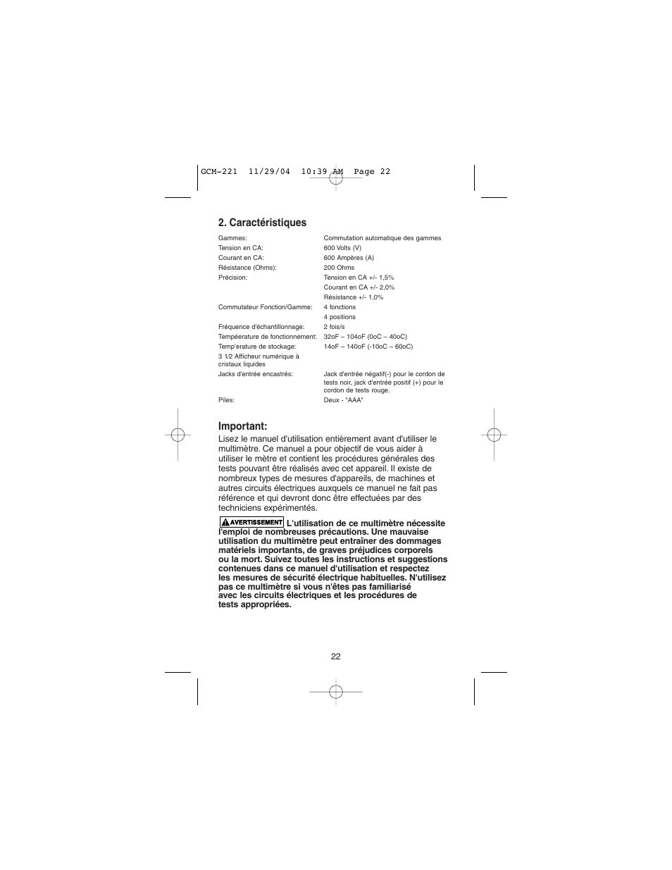 Caractéristiques, Important | Gardner Bender GCM-221 Auto Clamp-On Multimeter User Manual | Page 20 / 26
