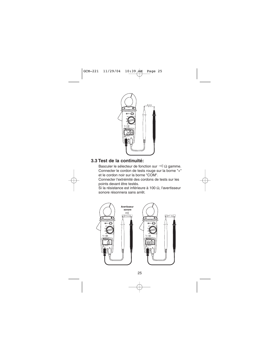 3 test de la continuité | Gardner Bender GCM-221 Auto Clamp-On Multimeter User Manual | Page 23 / 26