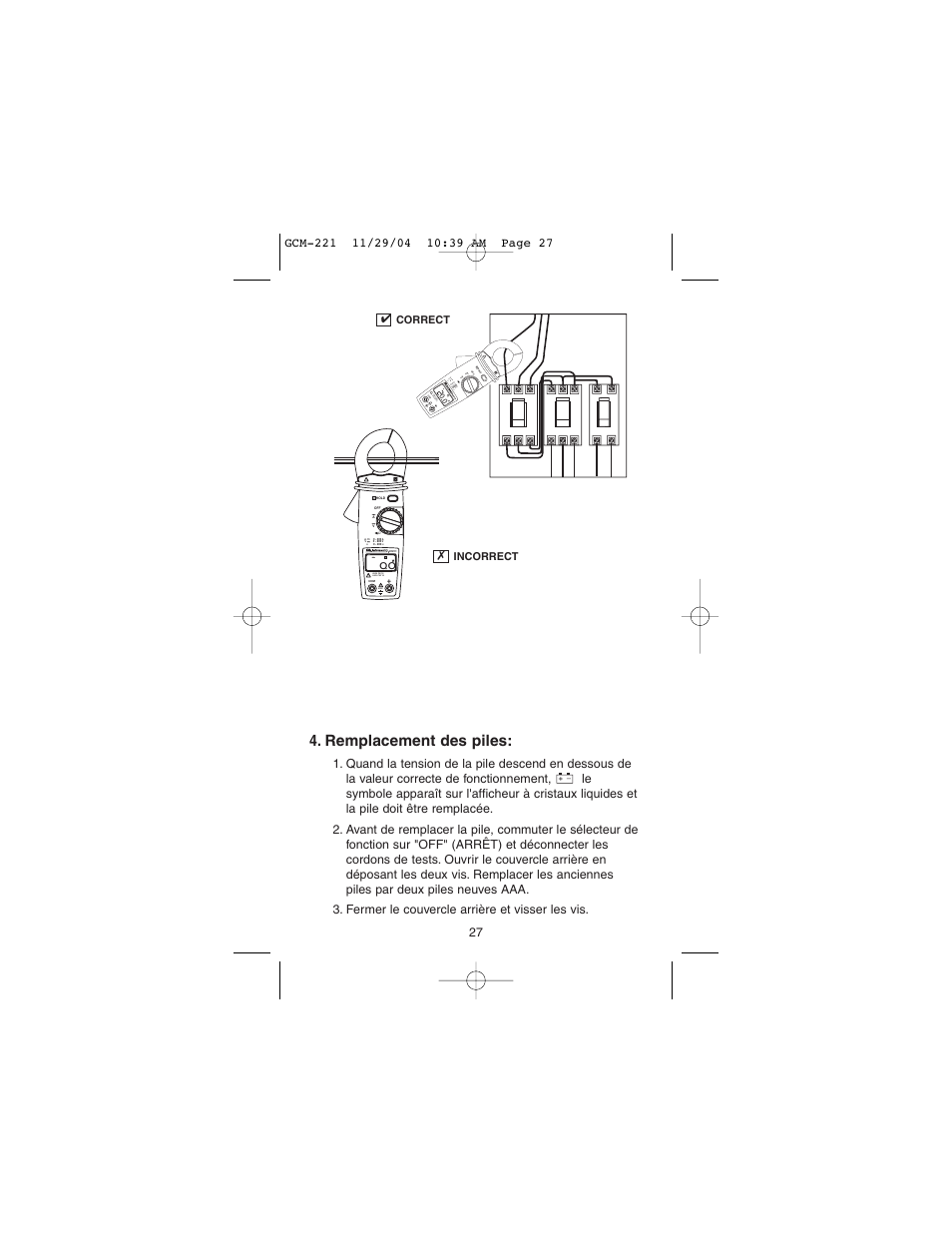 Remplacement des piles | Gardner Bender GCM-221 Auto Clamp-On Multimeter User Manual | Page 25 / 26