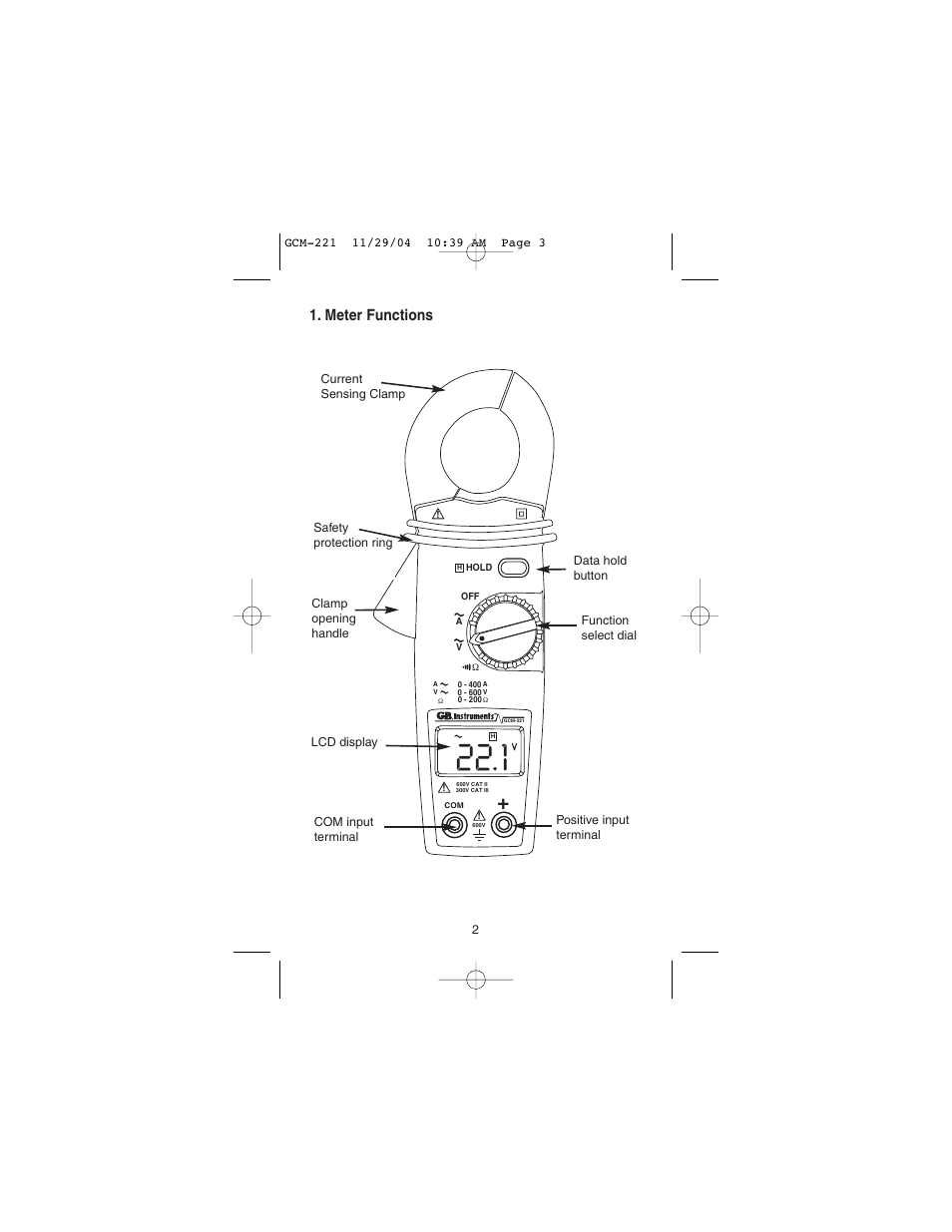 Meter functions | Gardner Bender GCM-221 Auto Clamp-On Multimeter User Manual | Page 3 / 26