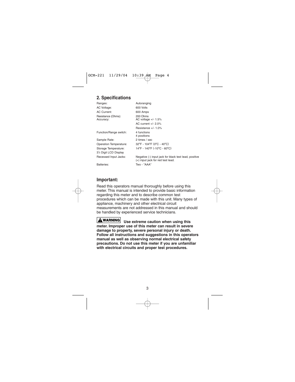 Specifications, Important | Gardner Bender GCM-221 Auto Clamp-On Multimeter User Manual | Page 4 / 26