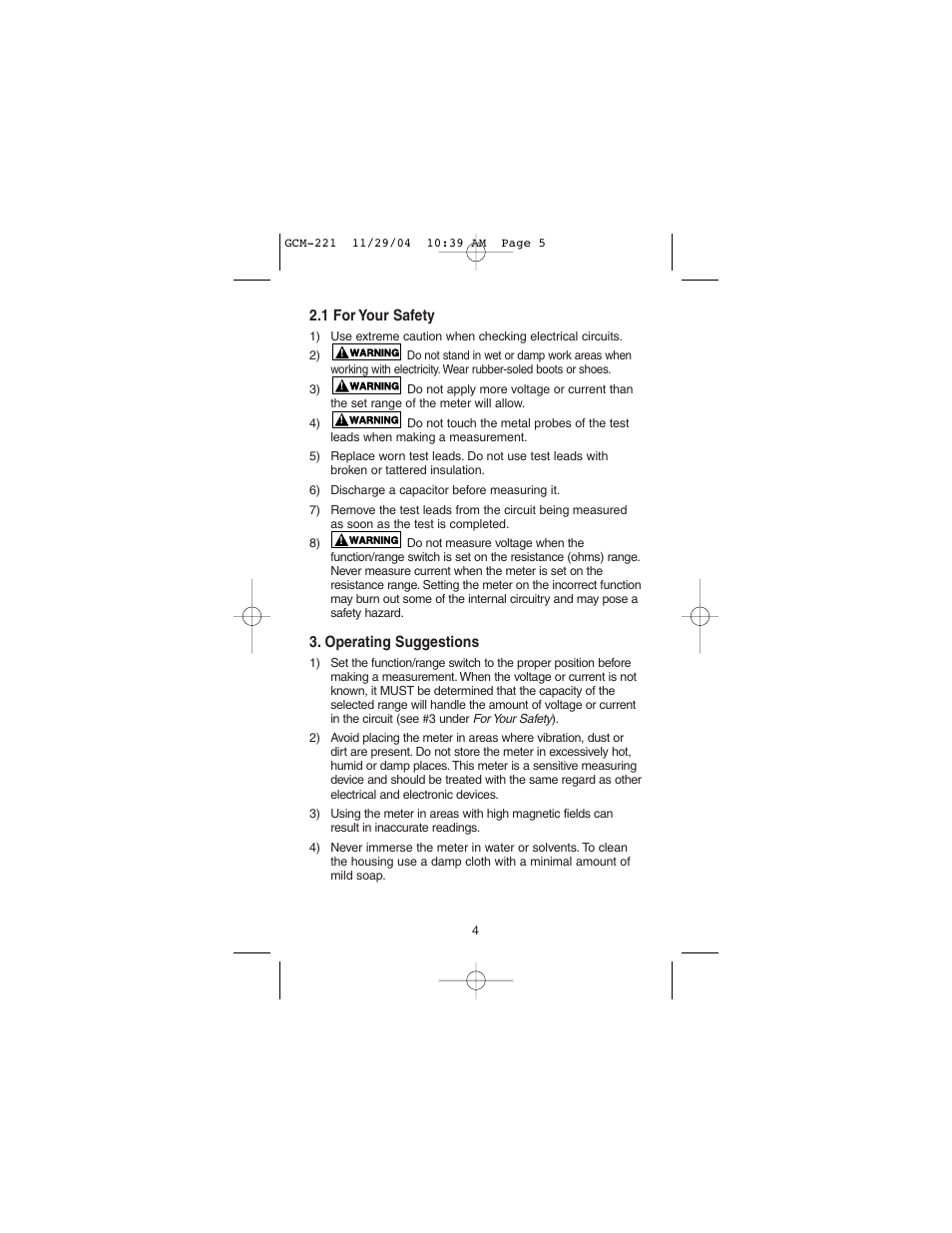 Gardner Bender GCM-221 Auto Clamp-On Multimeter User Manual | Page 5 / 26