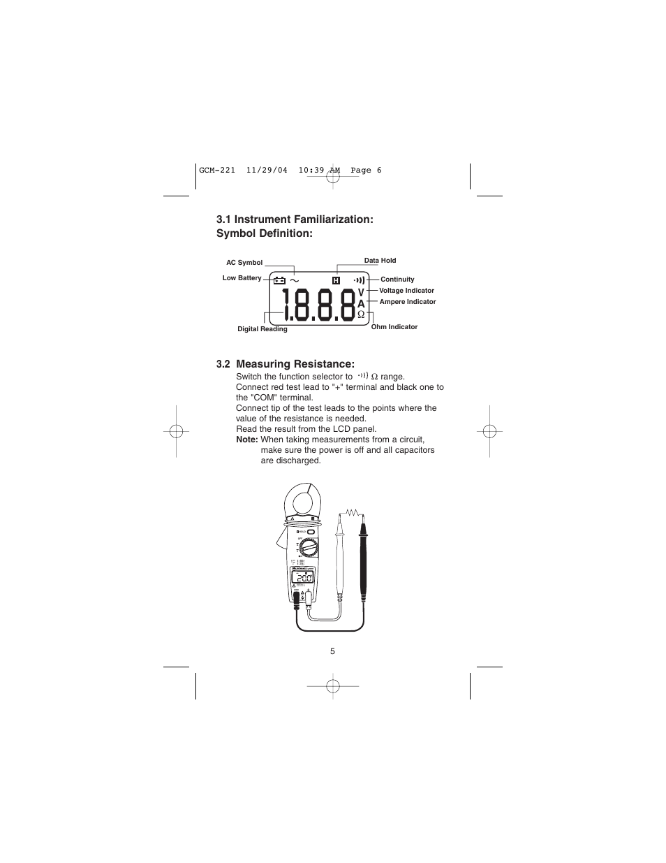 Va ω | Gardner Bender GCM-221 Auto Clamp-On Multimeter User Manual | Page 6 / 26
