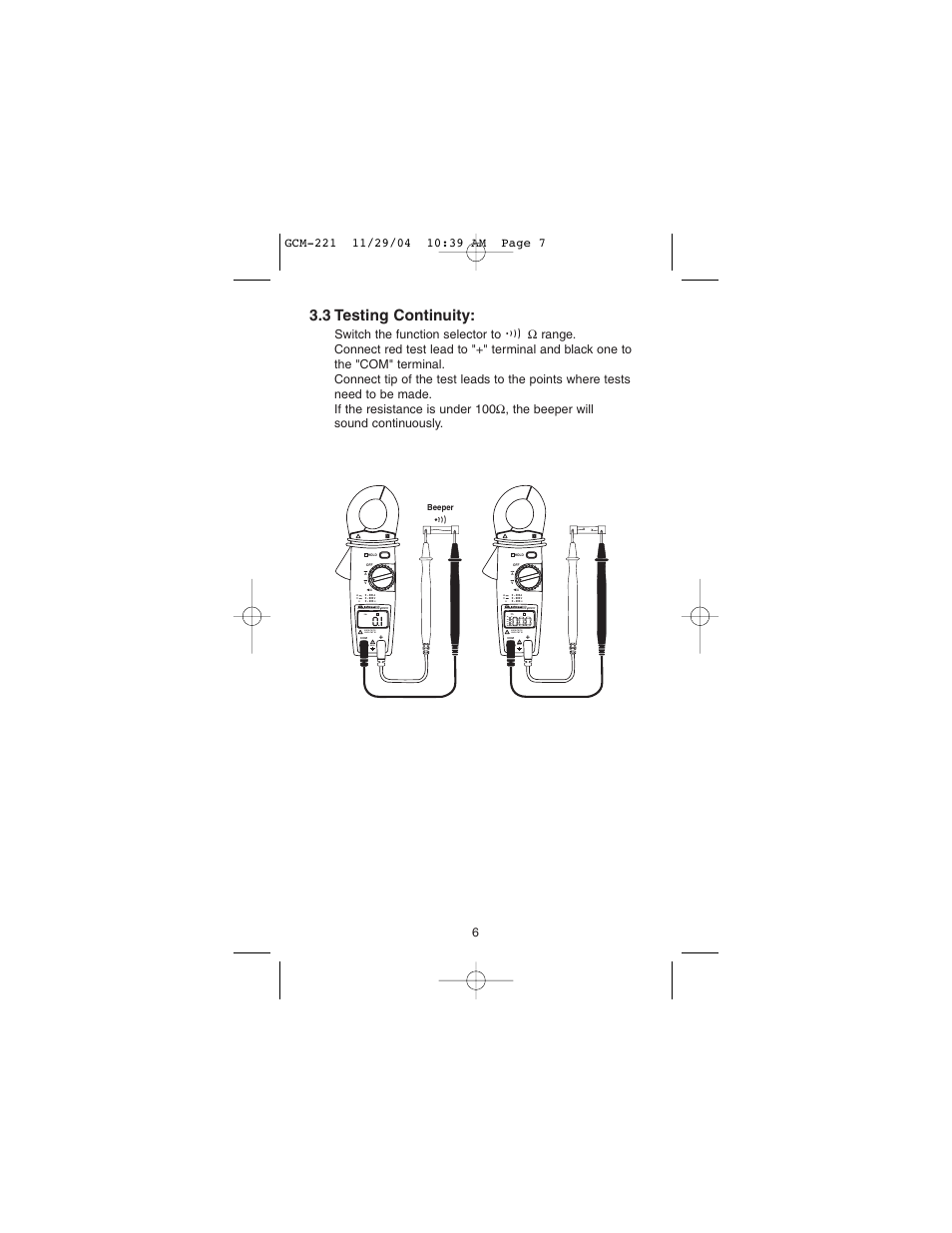 3 testing continuity | Gardner Bender GCM-221 Auto Clamp-On Multimeter User Manual | Page 7 / 26