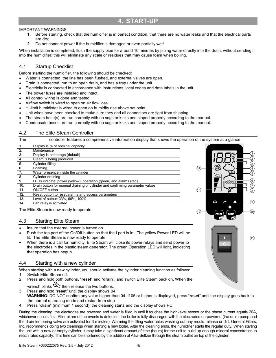 Start-up, Startup checklist, The elite steam controller | Starting elite steam, Starting with a new cylinder, 1 startup checklist, 2 the elite steam controller, 3 starting elite steam, 4 starting with a new cylinder | GeneralAire EDMK4 Elite Steam User Manual | Page 18 / 28