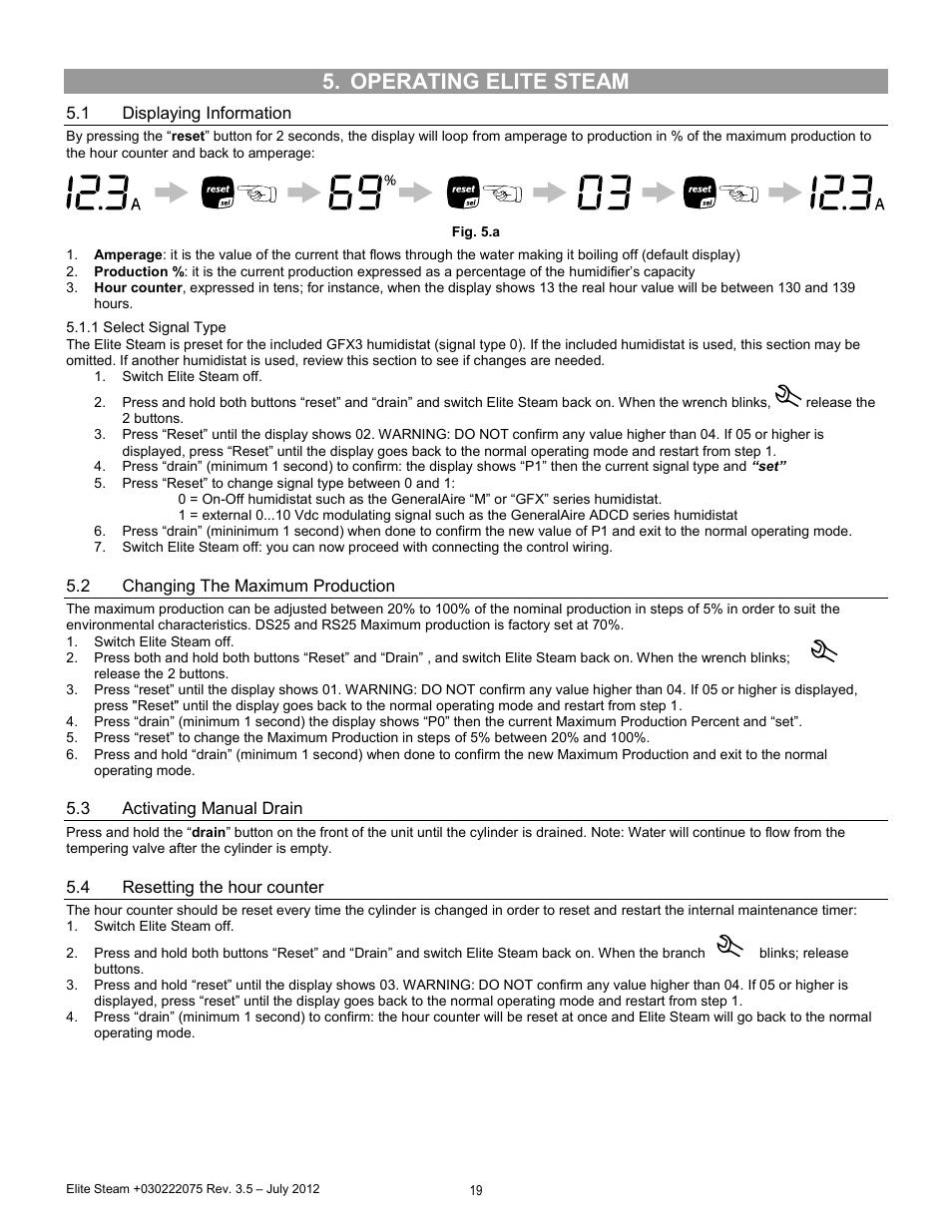 Operating elite steam, Displaying information, Changing the maximum production | Activating manual drain, Resetting the hour counter | GeneralAire EDMK4 Elite Steam User Manual | Page 19 / 28