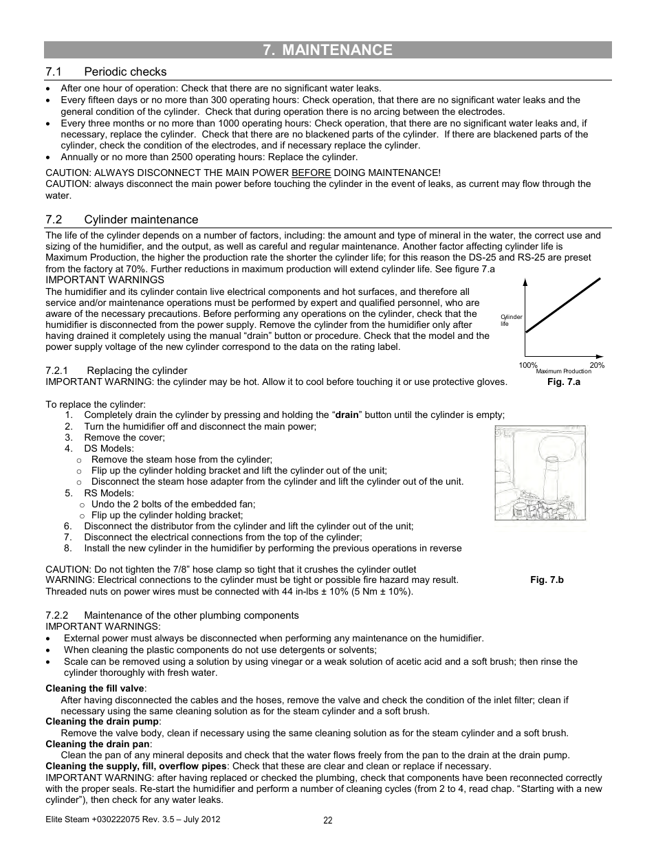 Maintenance, Periodic checks, Cylinder maintenance | 1 periodic checks, 2 cylinder maintenance | GeneralAire EDMK4 Elite Steam User Manual | Page 22 / 28