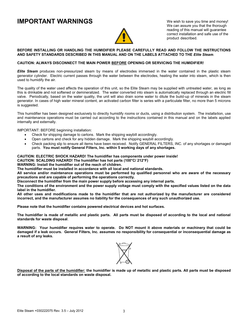 Important warnings | GeneralAire EDMK4 Elite Steam User Manual | Page 3 / 28
