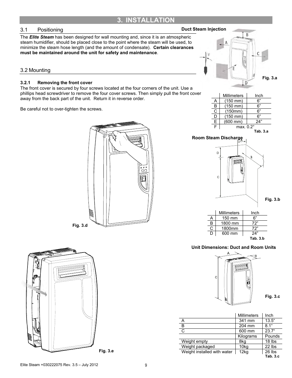 Installation, Positioning, Mounting | GeneralAire EDMK4 Elite Steam User Manual | Page 9 / 28