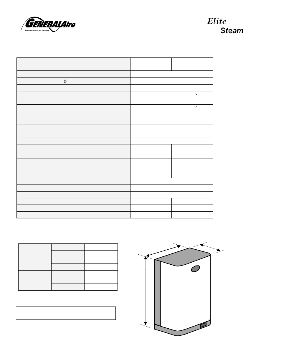 Technical specifications, Imensions and weights | GeneralAire DS20 Elite Steam User Manual | Page 22 / 24