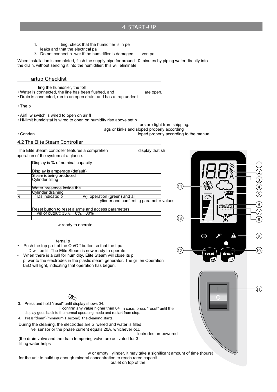 Start -up, 1 startup checklist, 2 the elite steam controller | 3 starting elite steam, 4 starting with a new cylinder | GeneralAire DS35 Elite Steam User Manual | Page 17 / 28