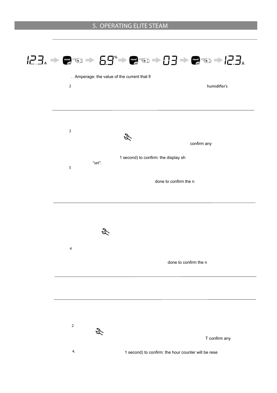 Operating elite steam, 1 displaying information, 1 select signal type | 3 activating manual drain, 4 resetting the hour counter, 2 changing the maximum production | GeneralAire DS35 Elite Steam User Manual | Page 18 / 28