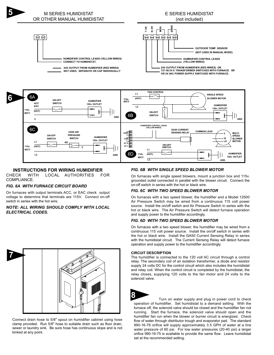 Instructions for wiring humidifier, E series humidistat (not included), 6a 6c 6b | M series humidistat or other manual humidistat, Fig. 6c with two speed blower motor, Fig. 6d with two speed blower motor | GeneralAire 1137 SERIES Legacy User Manual | Page 3 / 4