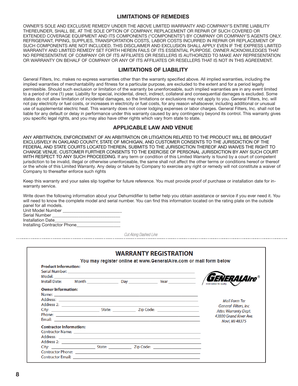 GeneralAire DH70 Dehumidifier User Manual | Page 8 / 8