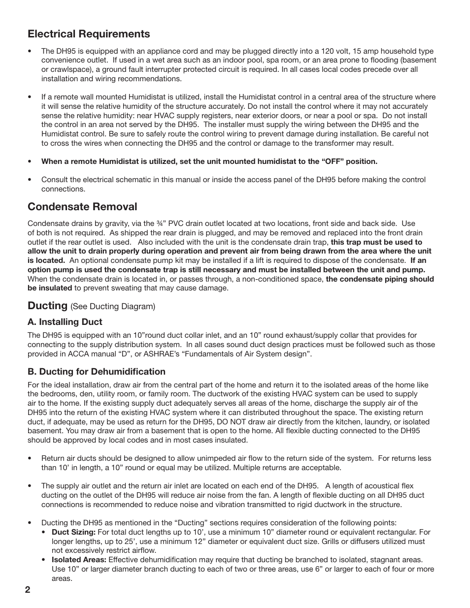 Electrical requirements, Condensate removal, Ducting | GeneralAire DH95 Dehumidifier User Manual | Page 2 / 8