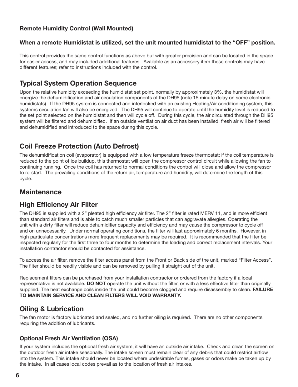 Typical system operation sequence, Coil freeze protection (auto defrost), Maintenance high efficiency air filter | Oiling & lubrication | GeneralAire DH95 Dehumidifier User Manual | Page 6 / 8
