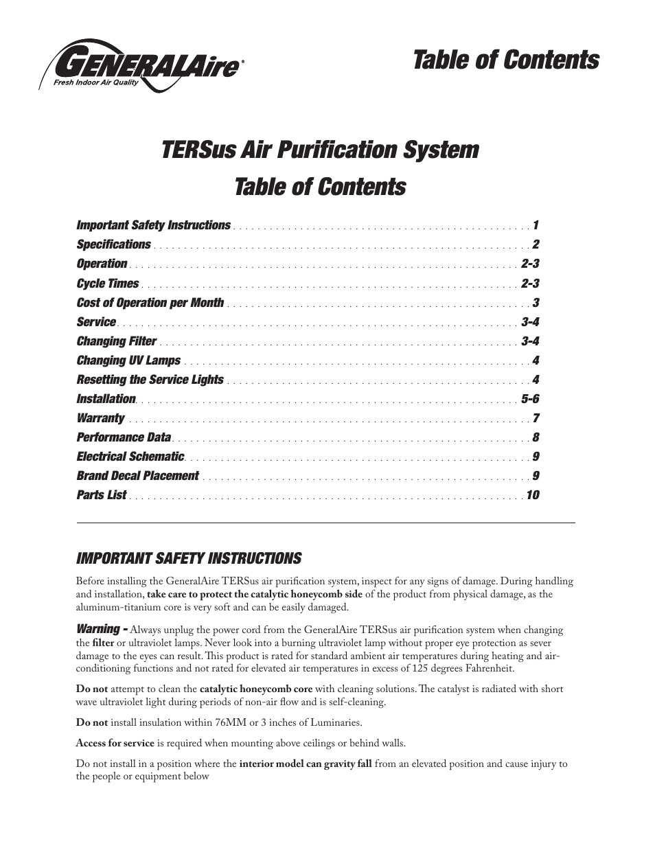 GeneralAire TERsus 2000 User Manual | Page 2 / 12