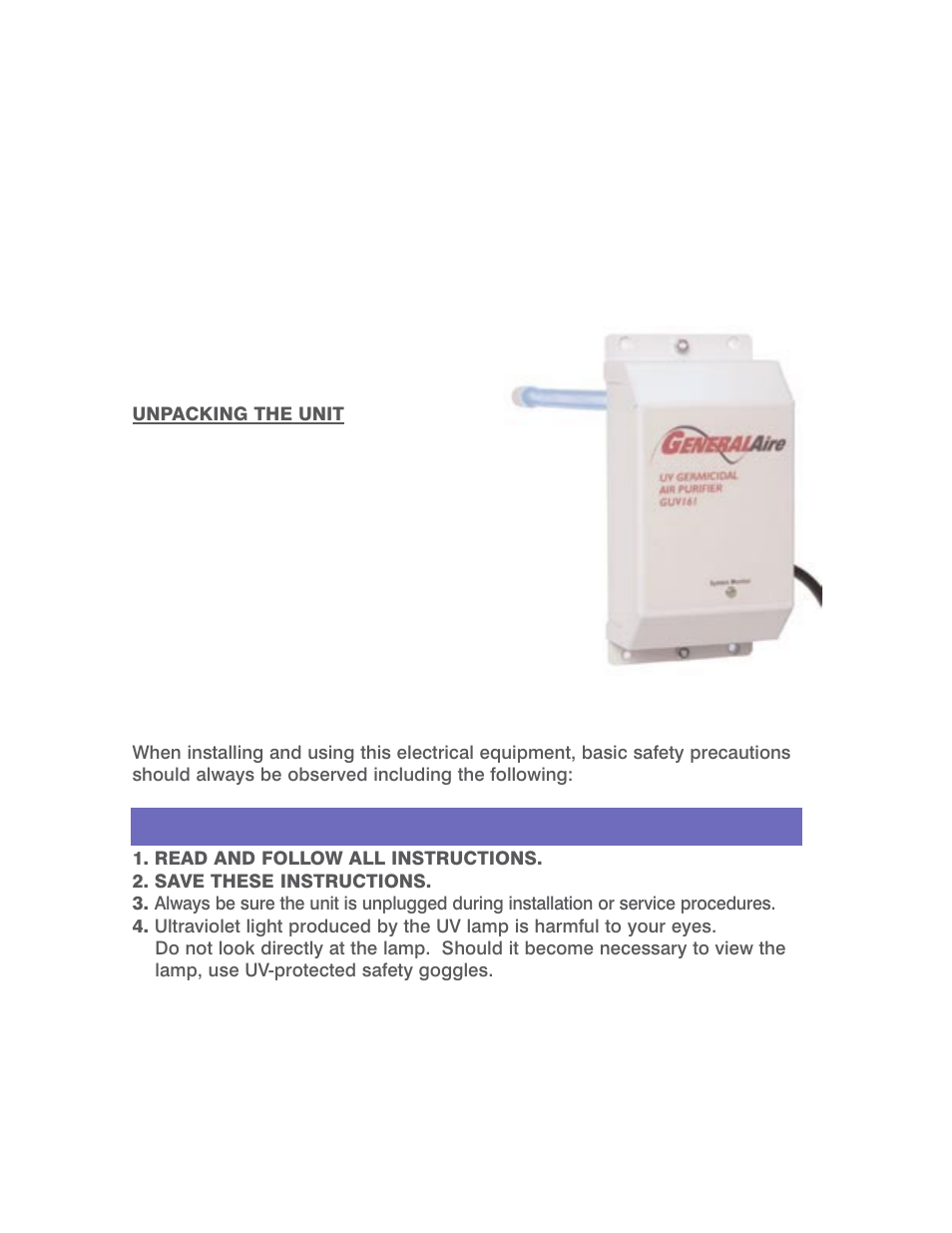 Guv-161, Installation manual, Important safety instructions | GeneralAire GUV161 User Manual | Page 3 / 5