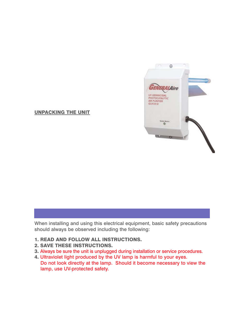 Guv-2018, Eneral, Important safety instructions | GeneralAire GUV2018 User Manual | Page 3 / 5