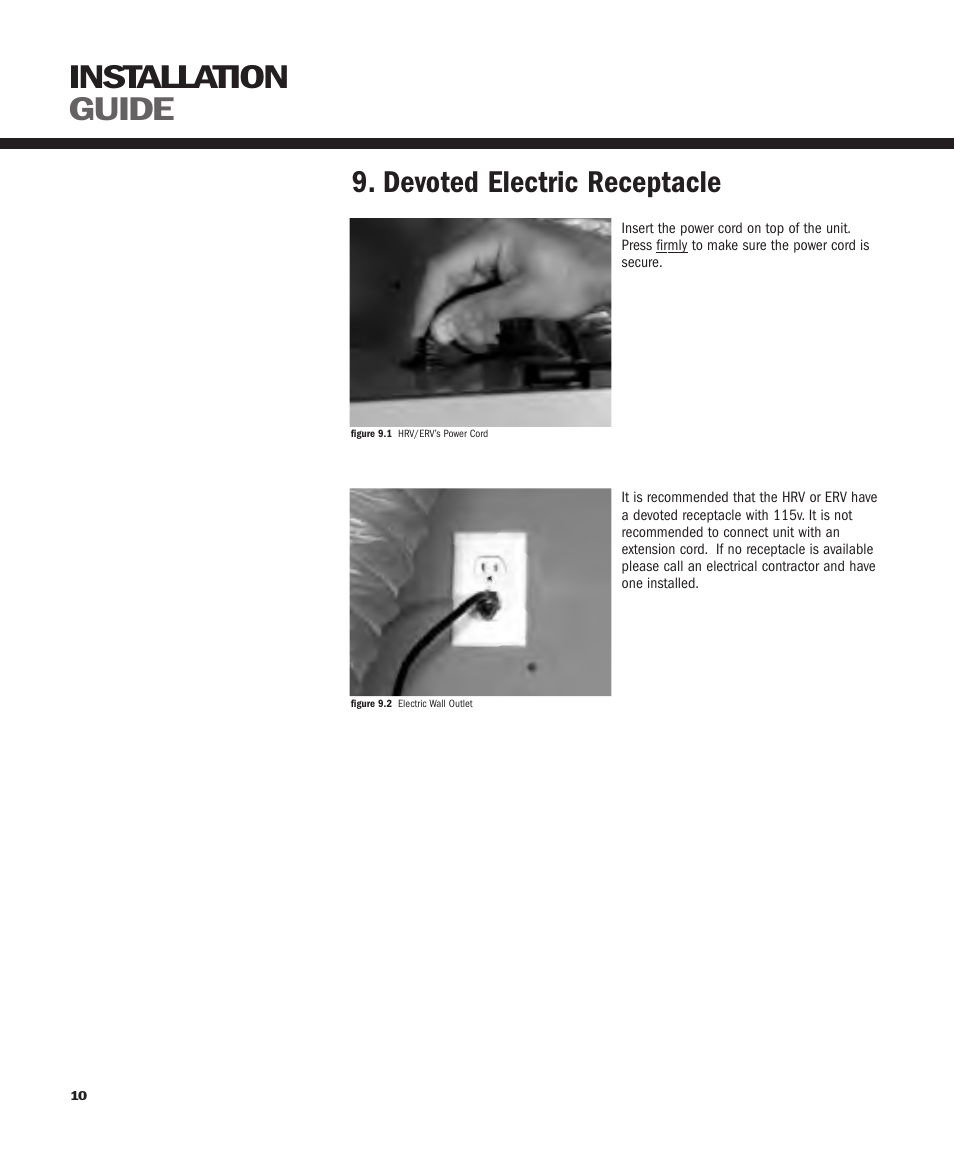 Installation guide, Devoted electric receptacle | GeneralAire ERV 3220 User Manual | Page 10 / 22