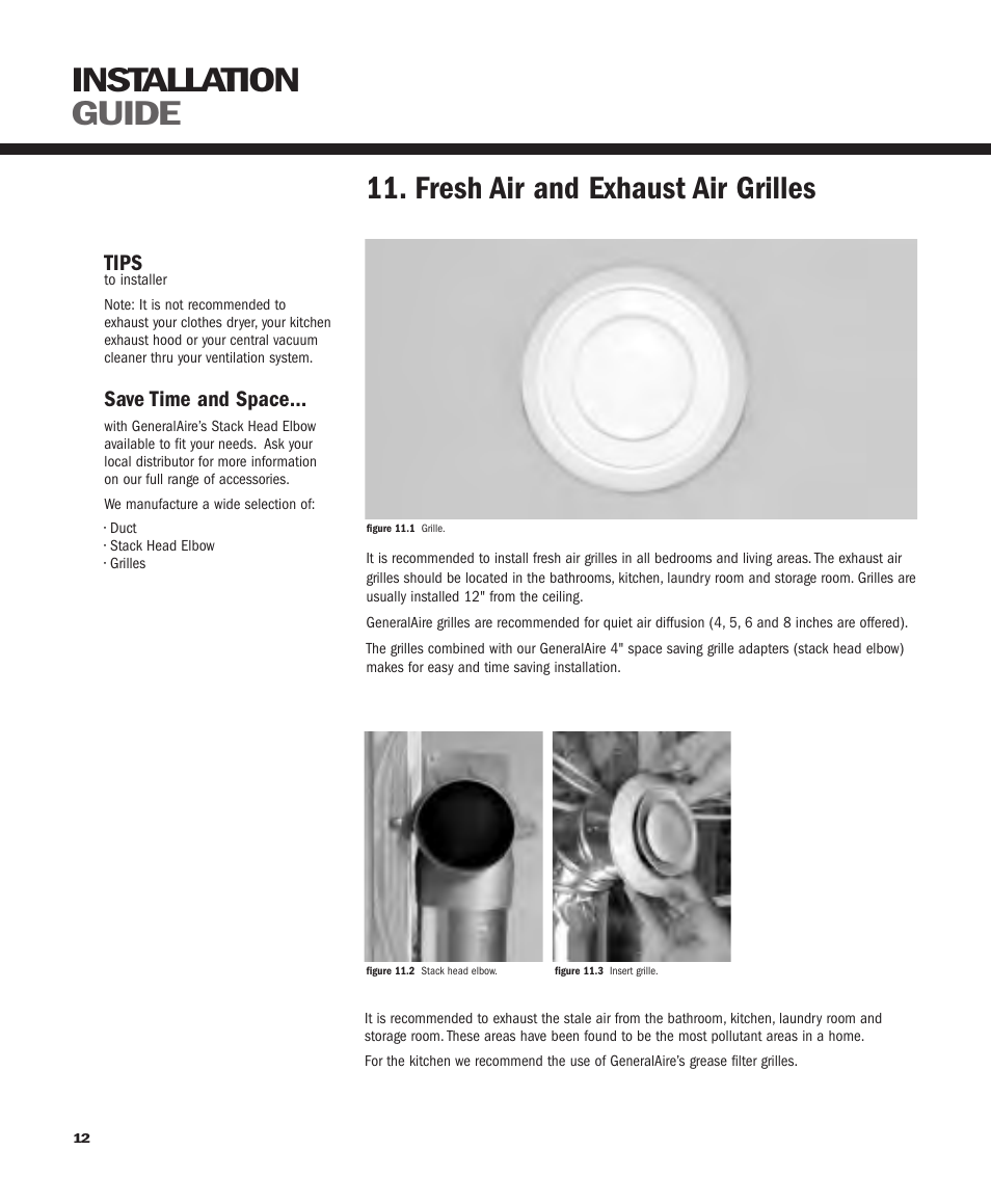 Installation guide, Fresh air and exhaust air grilles | GeneralAire ERV 3220 User Manual | Page 12 / 22