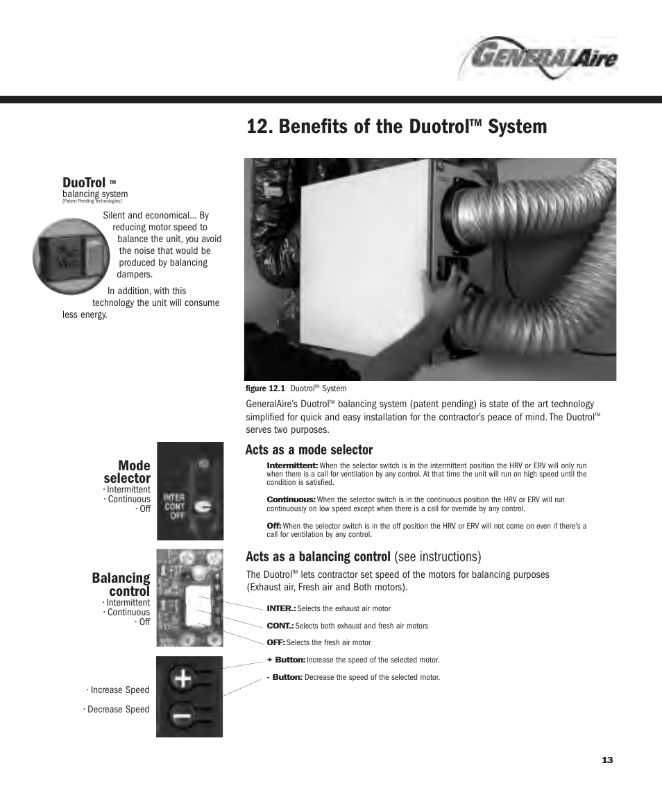 Benefits of the duotrol, System, Duotrol | Mode selector, Balancing control | GeneralAire ERV 3220 User Manual | Page 13 / 22