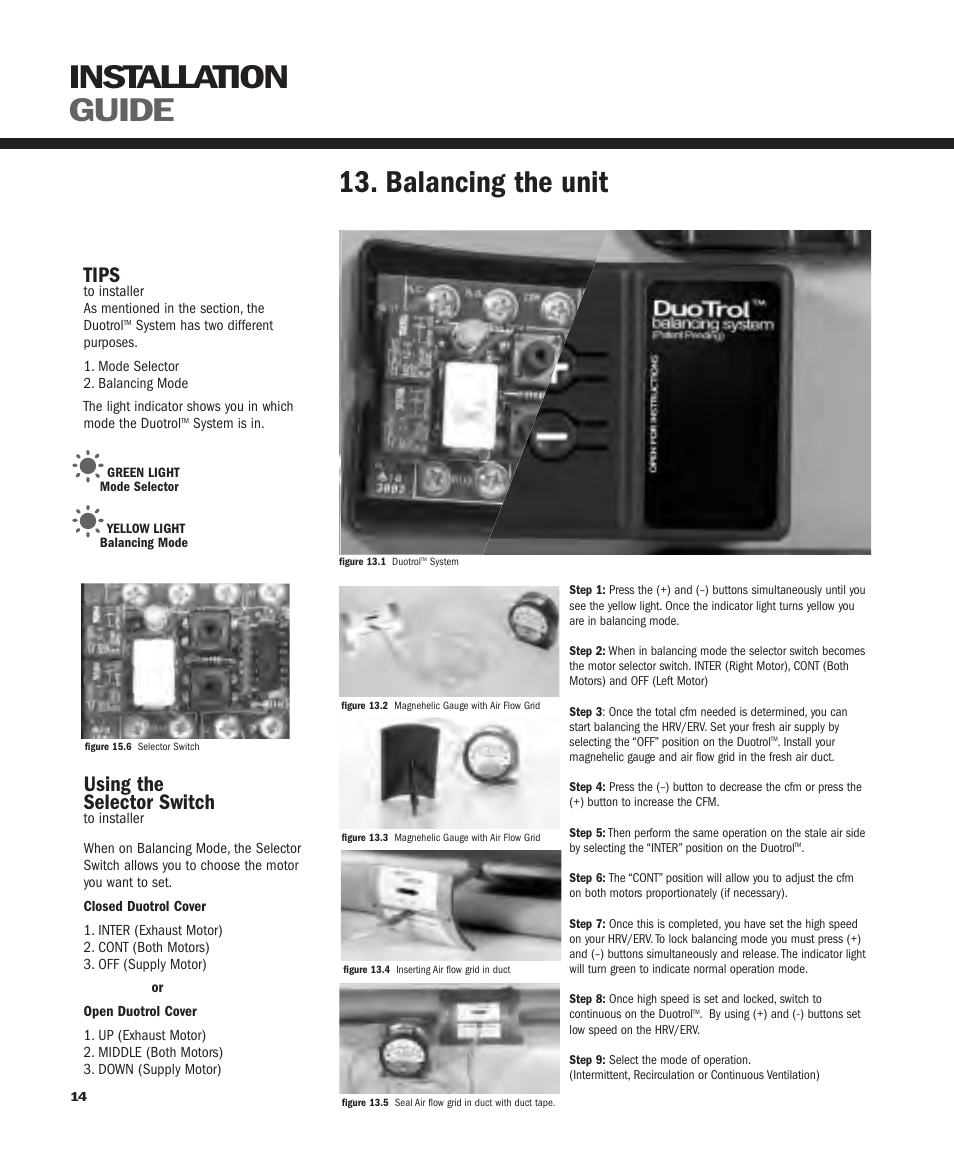 Installation guide, Balancing the unit, Tips | Using the selector switch | GeneralAire ERV 3220 User Manual | Page 14 / 22