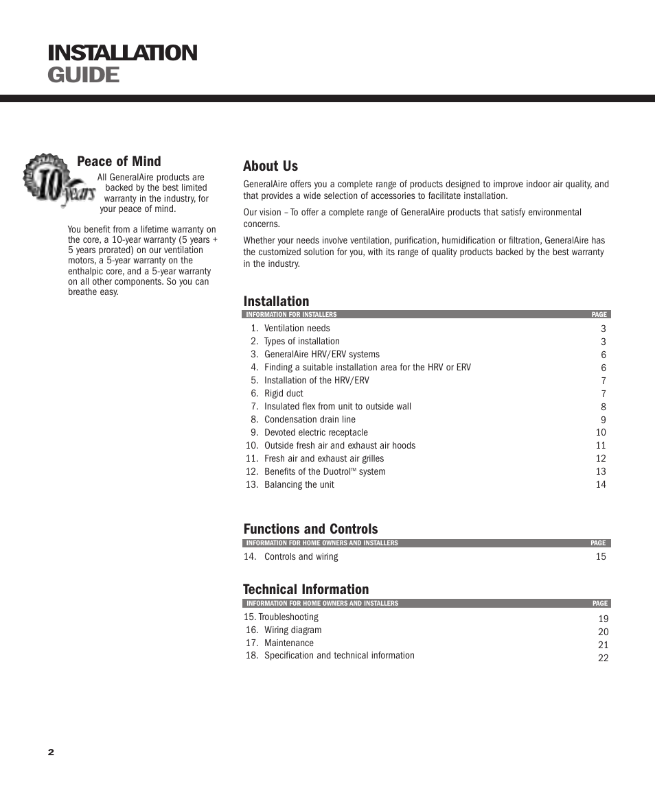 Installation guide, About us, Installation | Functions and controls, Technical information, Peace of mind | GeneralAire ERV 3220 User Manual | Page 2 / 22