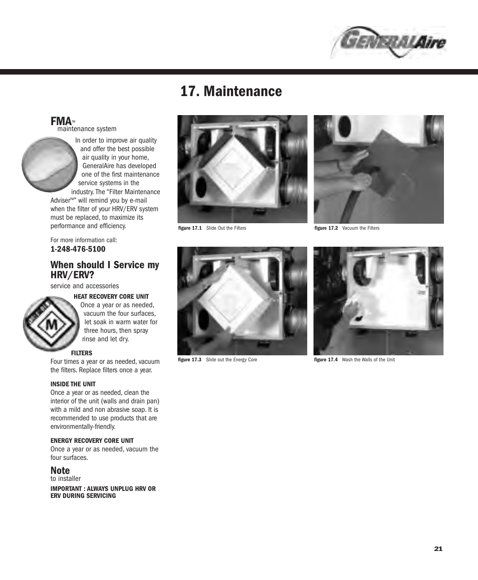 Maintenance, When should i service my hrv/erv | GeneralAire ERV 3220 User Manual | Page 21 / 22
