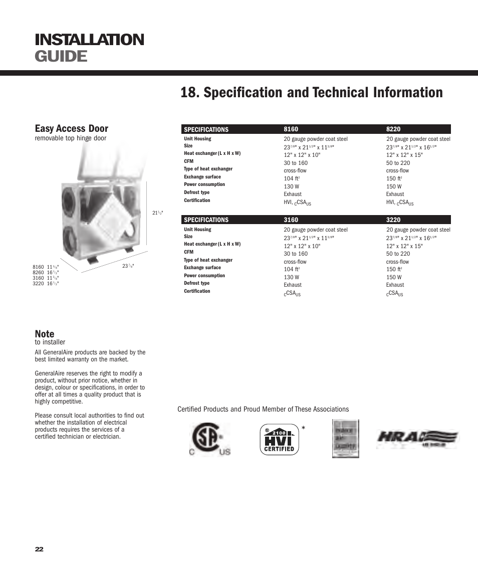 Installation guide, Specification and technical information, Easy access door | GeneralAire ERV 3220 User Manual | Page 22 / 22