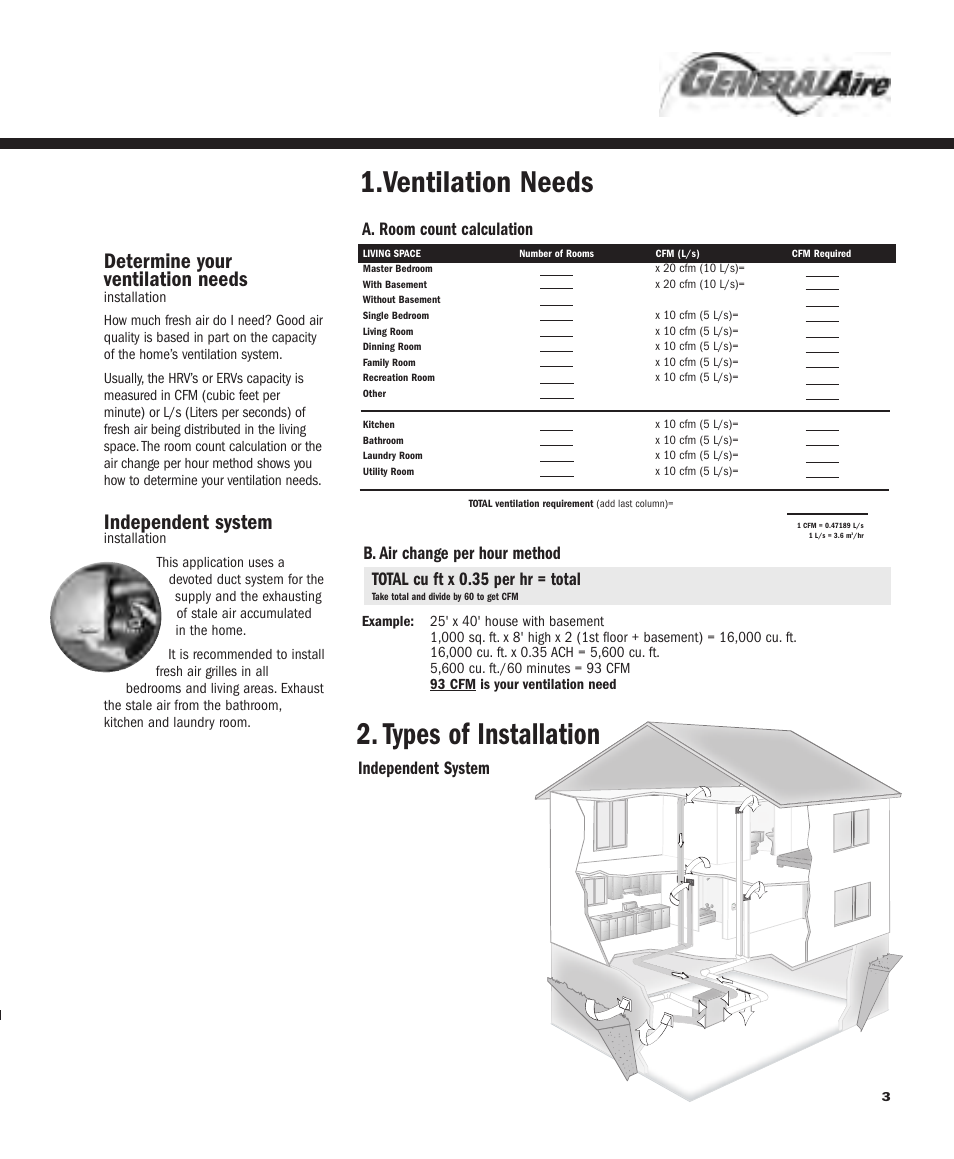 Types of installation 1.ventilation needs, Determine your ventilation needs, Independent system | Total cu ft x 0.35 per hr = total | GeneralAire ERV 3220 User Manual | Page 3 / 22