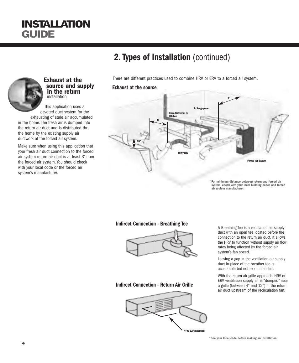 Installation guide, Types of installation (continued), Exhaust at the source and supply in the return | GeneralAire ERV 3220 User Manual | Page 4 / 22