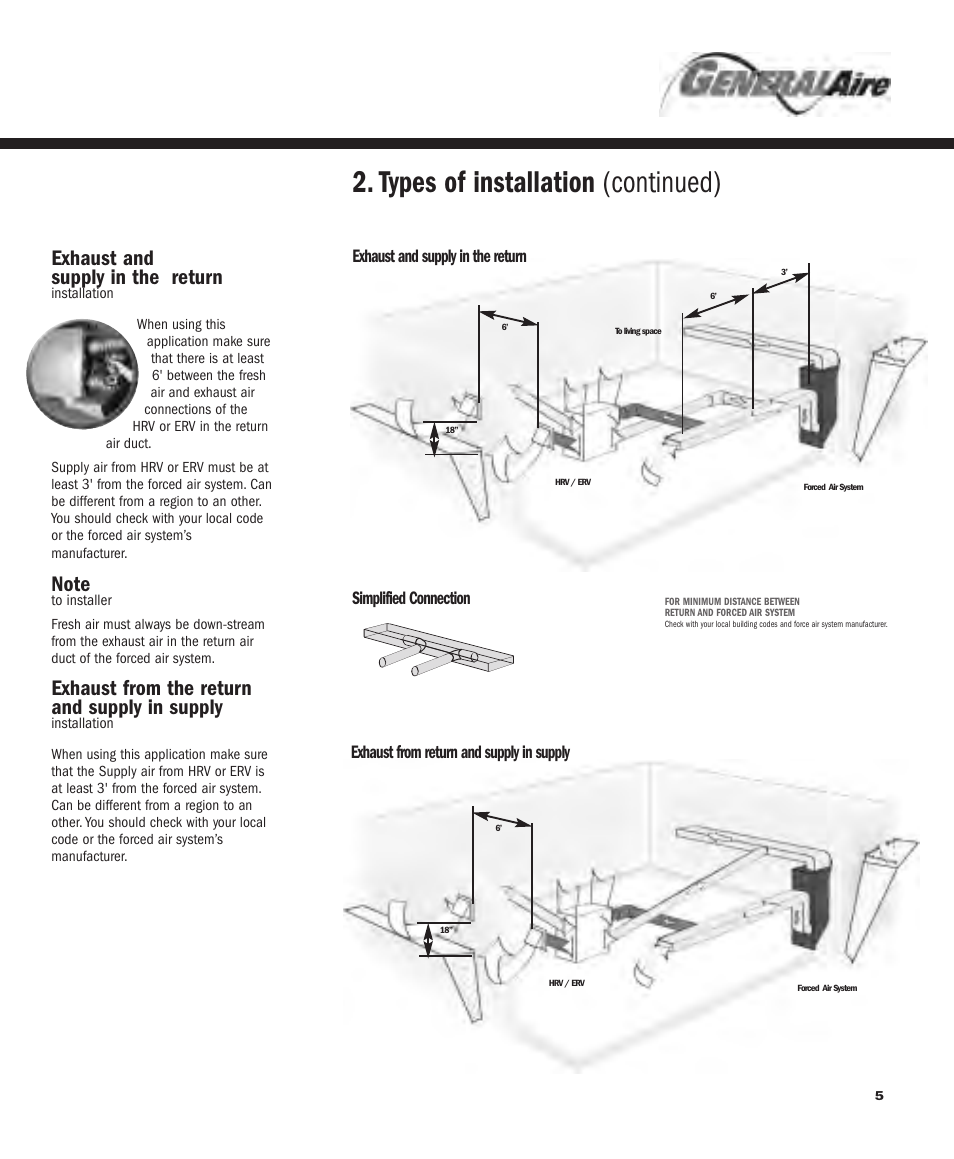 Types of installation (continued), Exhaust and supply in the return, Exhaust from the return and supply in supply | Simplified connection, Exhaust from return and supply in supply | GeneralAire ERV 3220 User Manual | Page 5 / 22