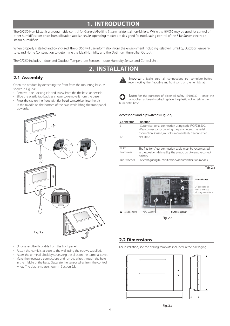 Introduction, Installation, 1 assembly | 2 dimensions | GeneralAire GFX50 User Manual | Page 4 / 12