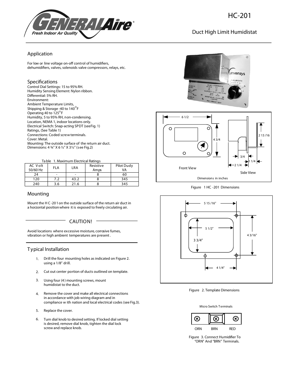 GeneralAire HC-201 User Manual | 1 page