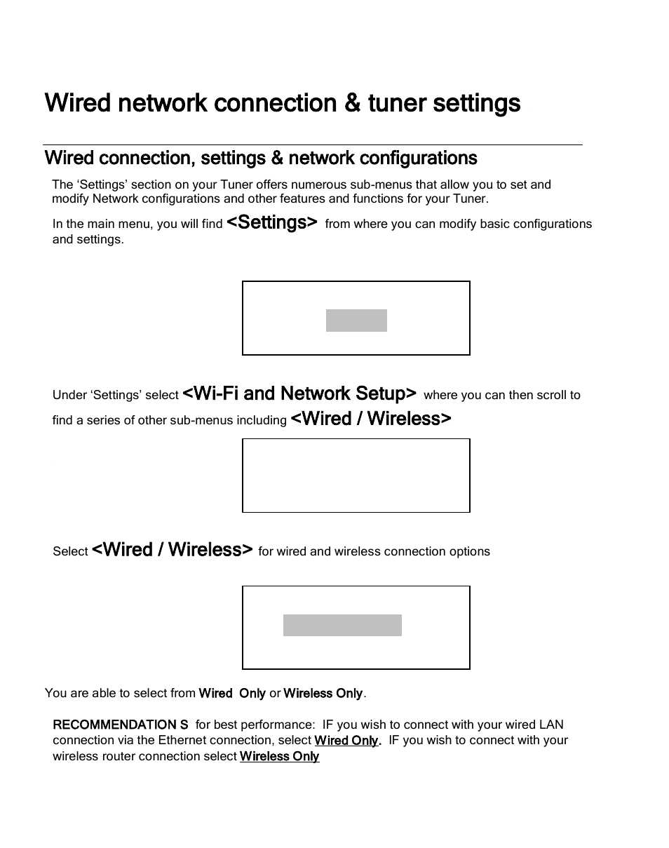 Wired network connection & tuner settings, Settings, Wi-fi and network setup | Wired / wireless | Grace Digital GDI-IRDT200 Tuner User Manual | Page 15 / 41