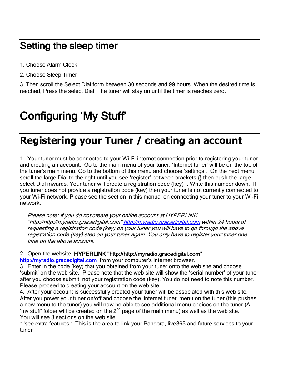 Configuring ‘my stuff, Setting the sleep timer, Registering your tuner / creating an account | Grace Digital GDI-IRDT200 Tuner User Manual | Page 25 / 41