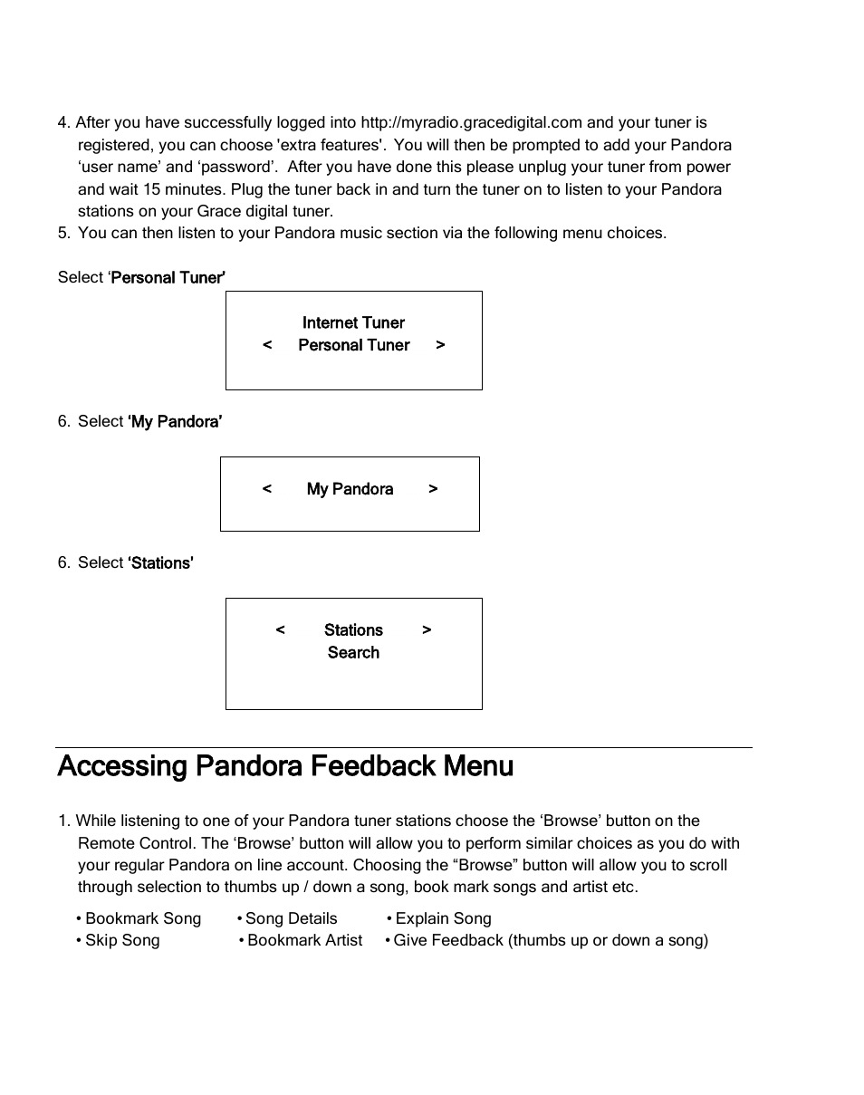Accessing pandora feedback menu | Grace Digital GDI-IRDT200 Tuner User Manual | Page 28 / 41