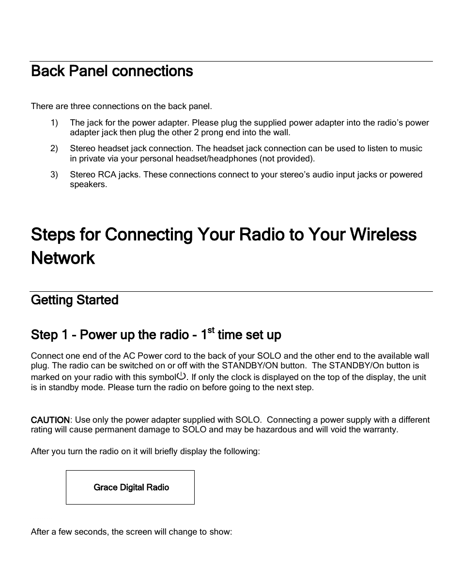 Back panel connections, Getting started step 1 - power up the radio - 1, Time set up | Grace Digital GDI-IRA500 Solo User Manual | Page 13 / 47