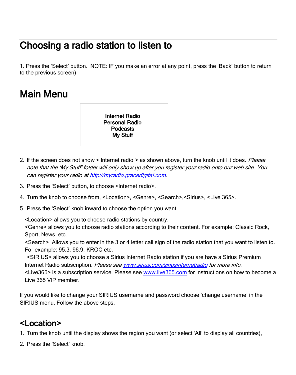Choosing a radio station to listen to, Main menu, Location | Grace Digital GDI-IRA500 Solo User Manual | Page 17 / 47