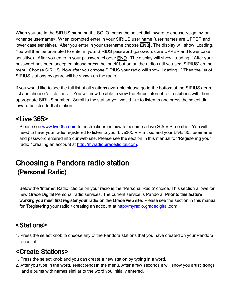 Choosing a pandora radio station, Live 365, Personal radio) | Stations, Create stations | Grace Digital GDI-IRA500 Solo User Manual | Page 19 / 47