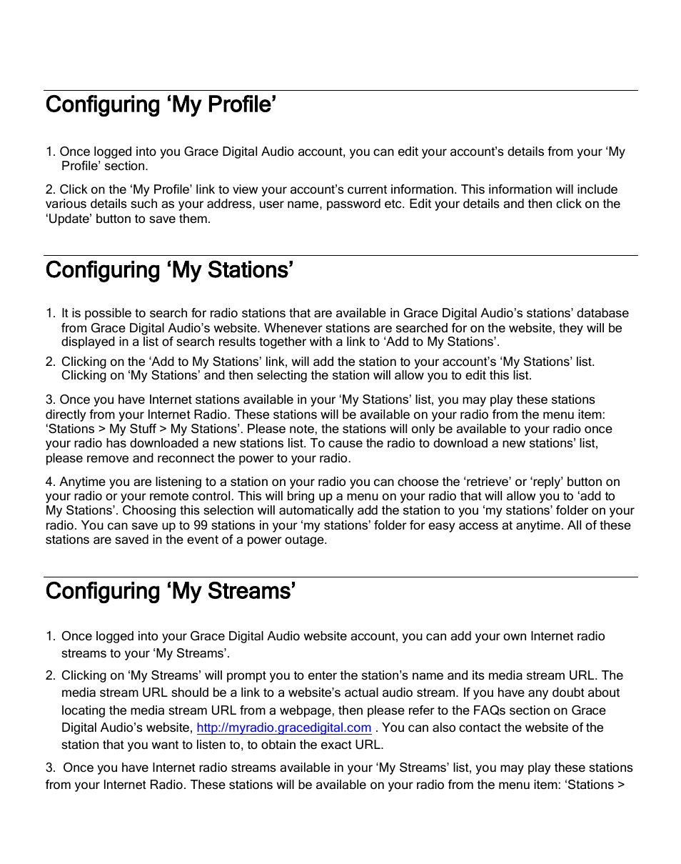 Configuring ‘my profile, Configuring ‘my stations, Configuring ‘my streams | Grace Digital GDI-IRA500 Solo User Manual | Page 27 / 47