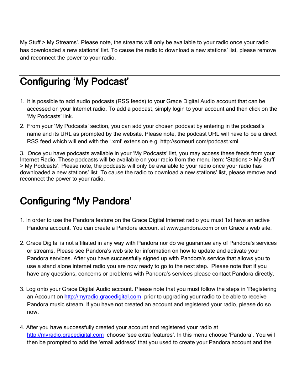 Configuring ‘my podcast, Configuring “my pandora | Grace Digital GDI-IRA500 Solo User Manual | Page 28 / 47