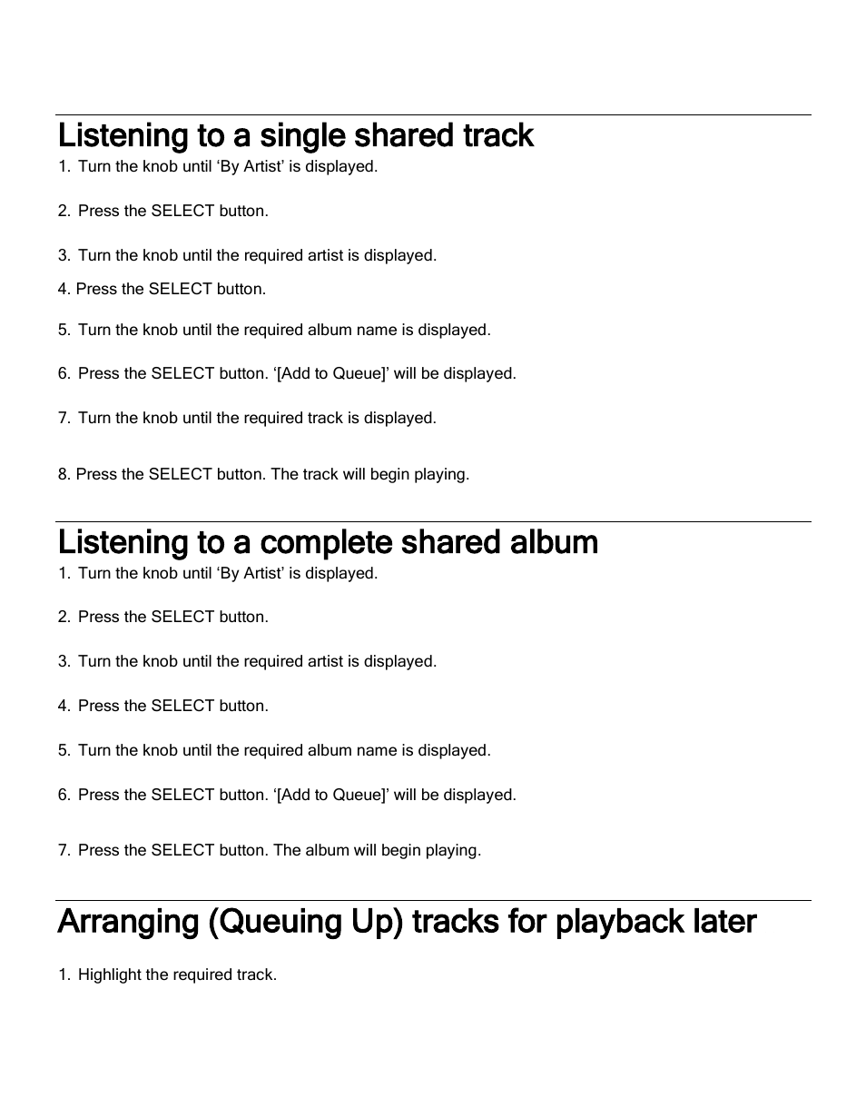 Listening to a single shared track, Listening to a complete shared album, Arranging (queuing up) tracks for playback later | Grace Digital GDI-IRA500 Solo User Manual | Page 33 / 47