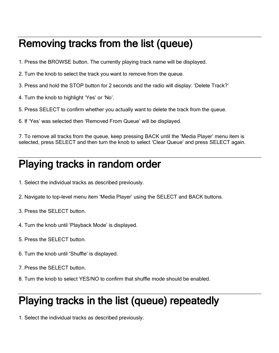 Removing tracks from the list (queue), Playing tracks in random order, Playing tracks in the list (queue) repeatedly | Grace Digital GDI-IRA500 Solo User Manual | Page 35 / 47